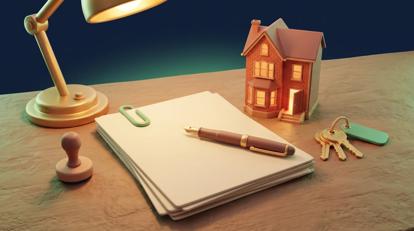 A desk under a warm lamp with a stack of blank documents, a fountain pen, a stamp, a ring of house keys and a small model house