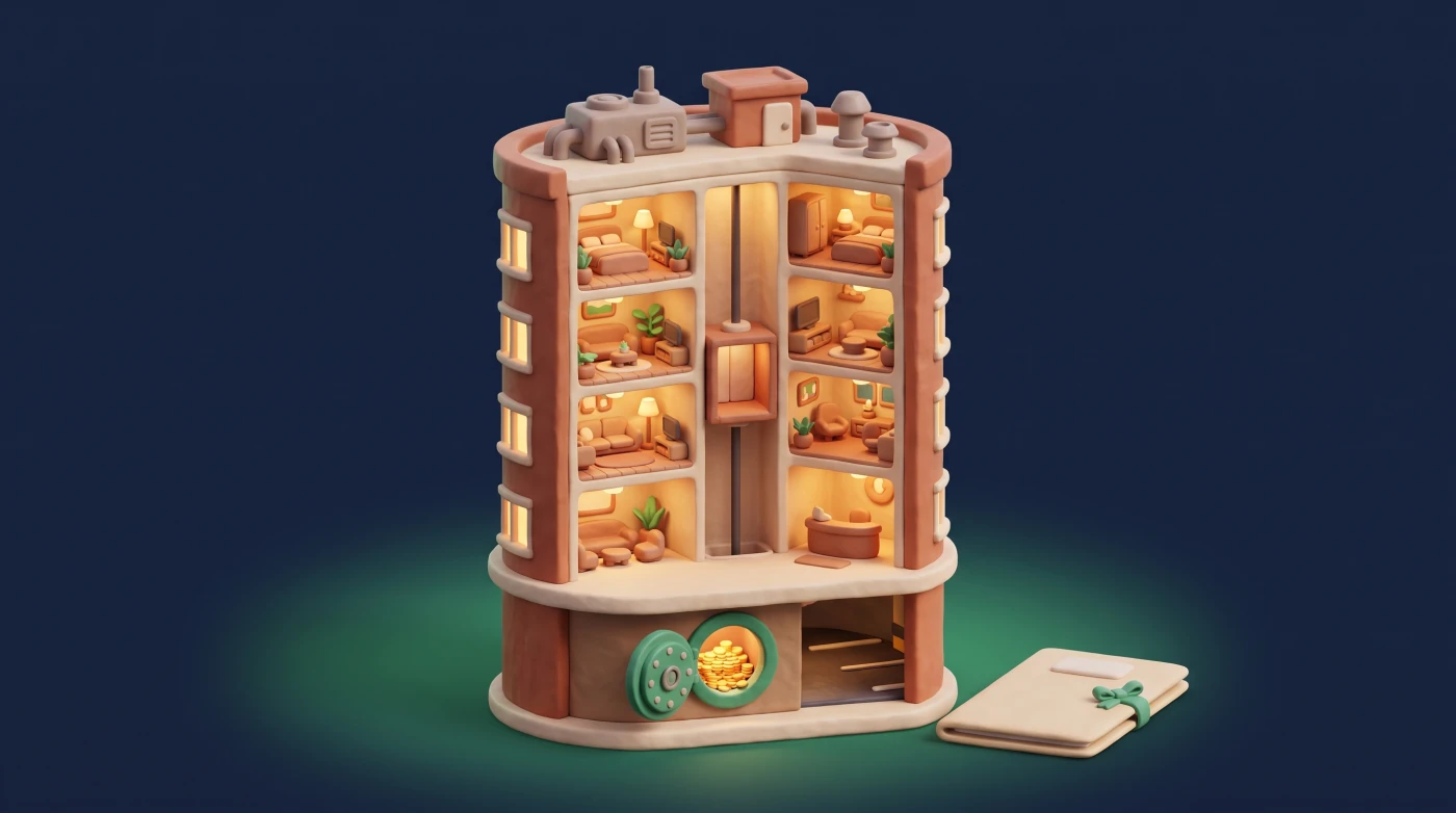 Cutaway of a condo tower showing lit units, a lobby and an elevator shaft, with an open vault of coins in the basement and a ribboned document folder beside it