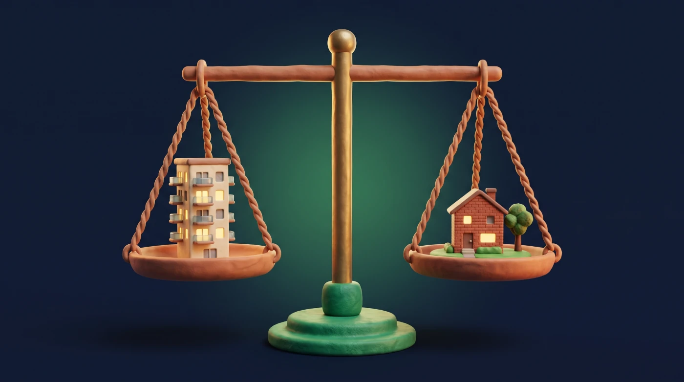 A balance scale weighing a small condo tower in one pan against a brick detached house in the other