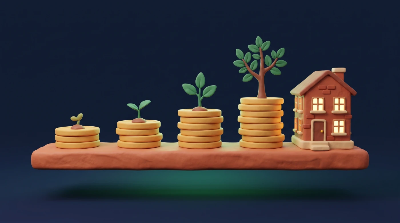 Four coin piles growing larger from left to right, each sprouting a taller plant, ending in a small tree beside a brick house