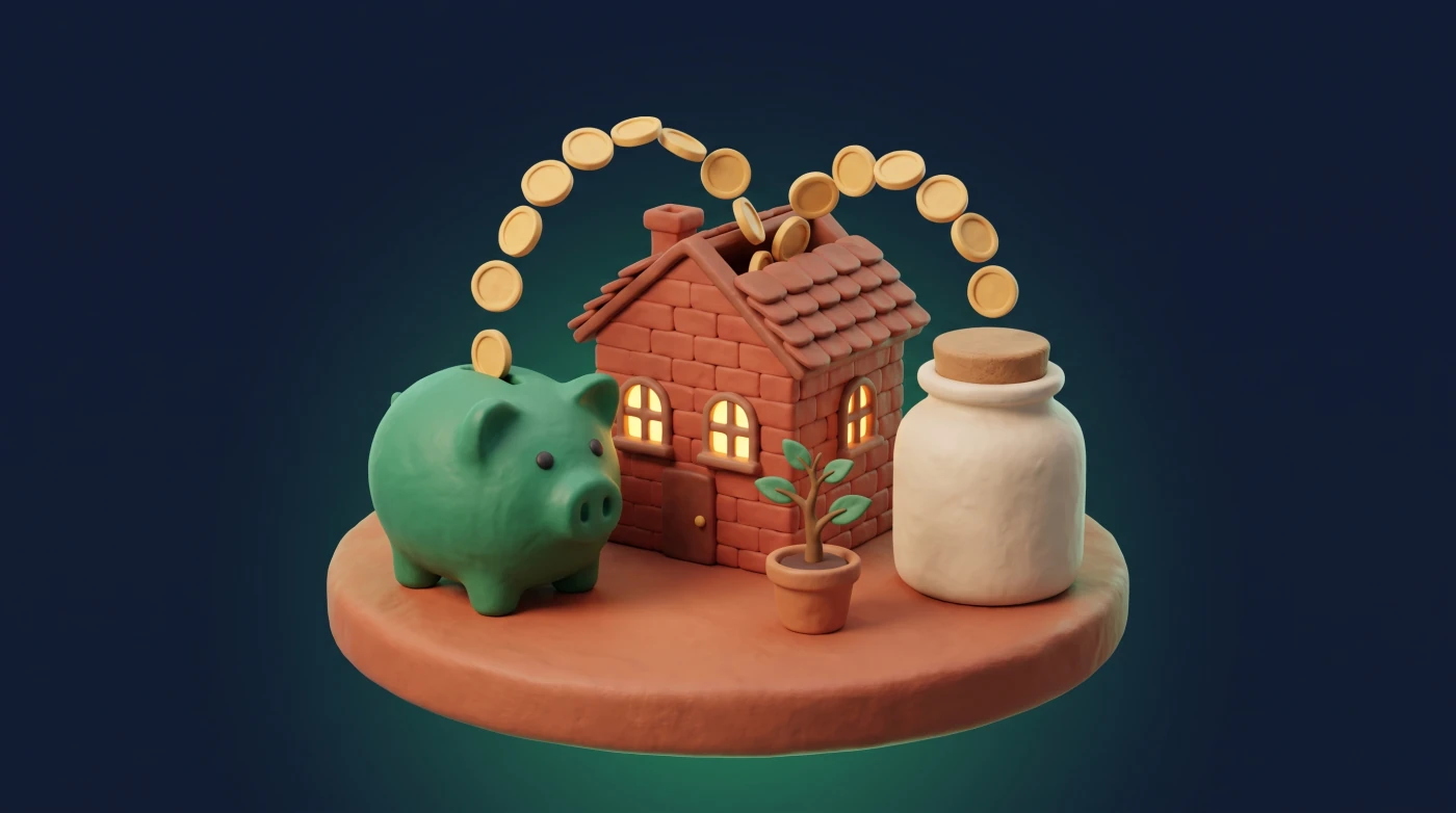 A green piggy bank and a cream savings jar each pouring an arc of coins into the roof of the same small brick house