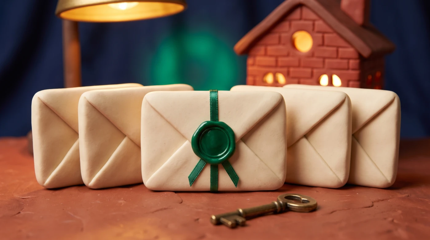A row of blank cream envelopes in front of a small brick house, the middle one sealed with green wax and ribbon, with a brass key in front