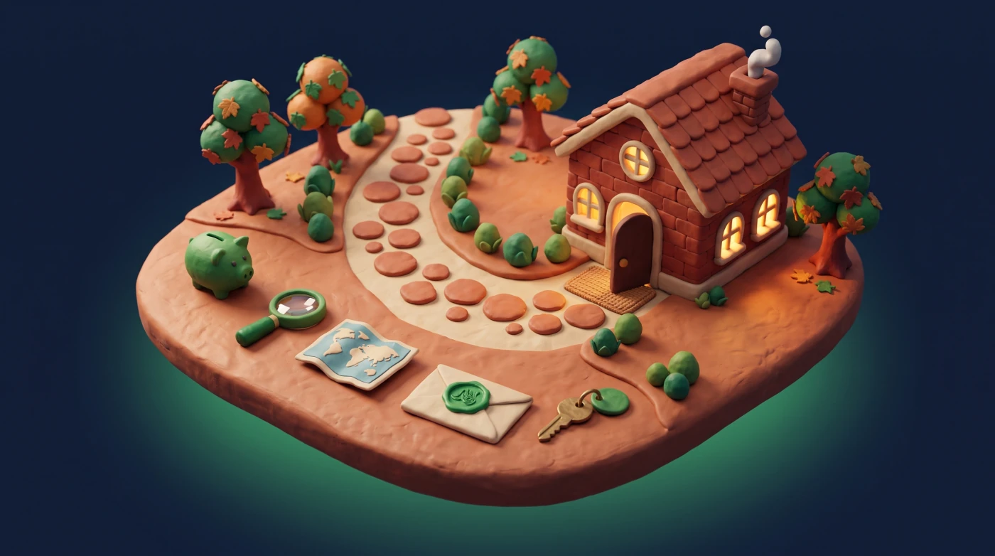 A winding stepping-stone path across a clay island to a starter home, passing a piggy bank, a magnifying glass, a map, a sealed envelope and a house key