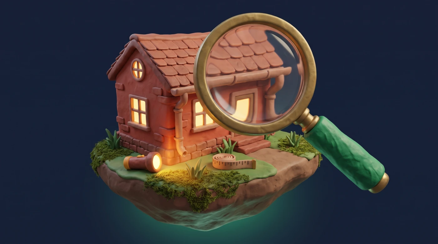 A large magnifying glass enlarging the roof shingles, gutter and window of a small brick house, with a flashlight and tape measure on the lawn