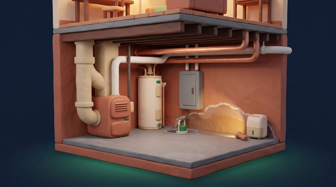 Cutaway of a basement with a furnace, water heater, electrical panel, sump pit and dehumidifier, a flashlight lighting a damp patch on the wall