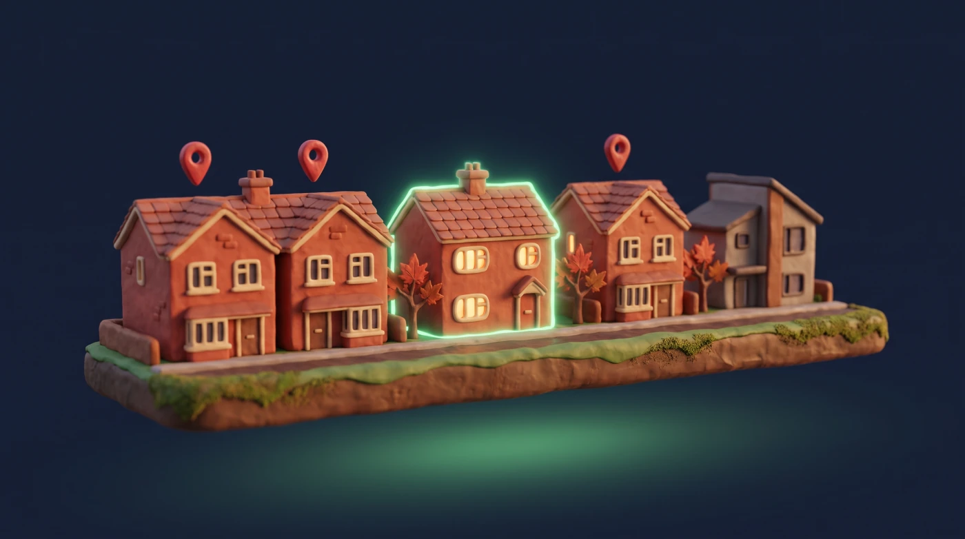 A row of similar brick houses with the middle one outlined in green and red map pins above three similar neighbours, while a different-style house at the end has no pin