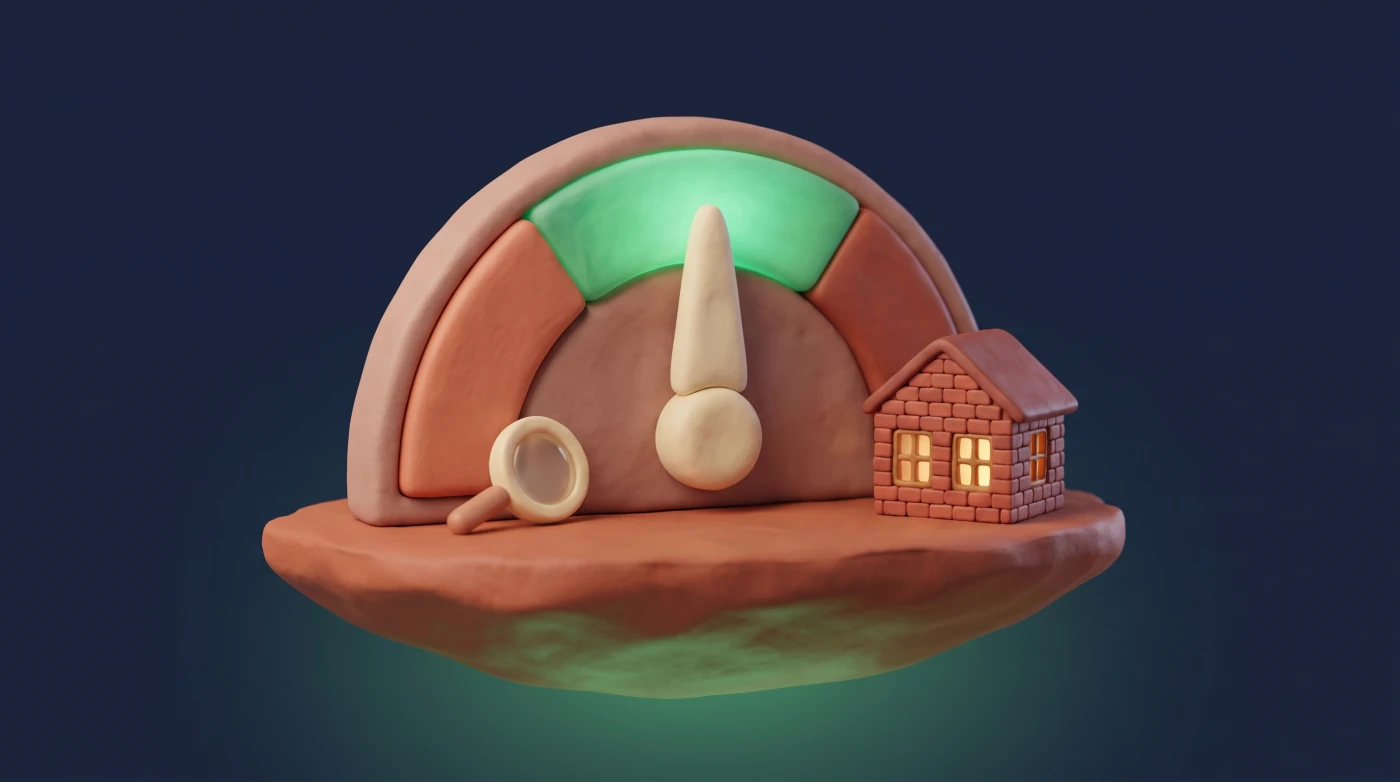 A gauge with a glowing green middle band and a needle pointing inside it, beside a small brick house and a magnifying glass