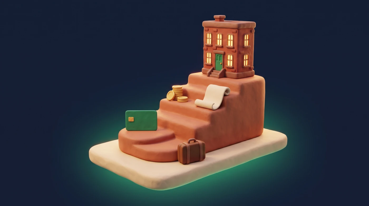 Clay steps rising to a brick townhouse, with a plain green bank card on the lowest step, coins and a blank paper roll on the middle steps and a suitcase at the bottom