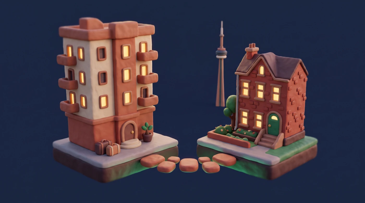 An apartment building with suitcases at its door linked by stepping stones to a brick townhouse, with the CN Tower in the background
