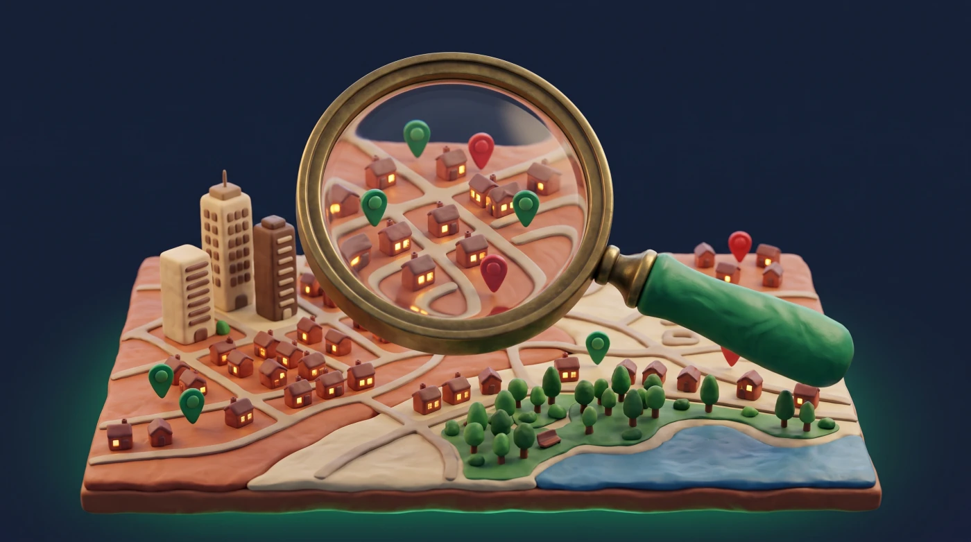 A magnifying glass hovering over a clay relief map of a city with houses, towers, a lakeshore and scattered green and red map pins